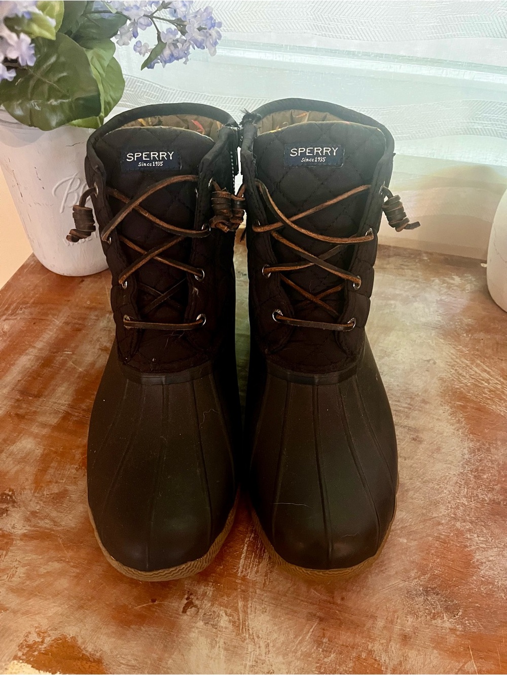 Sperry Olive Quilted Lined Duck Boot with Pink & Teal Accents
